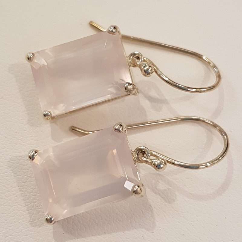 Sterling Silver Faceted Rose Quartz Rectangular Drop Earrings