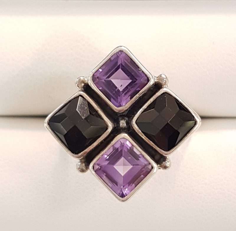 Sterling Silver Square Amethyst and Onyx Cluster Ring