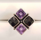 Sterling Silver Square Amethyst and Onyx Cluster Ring