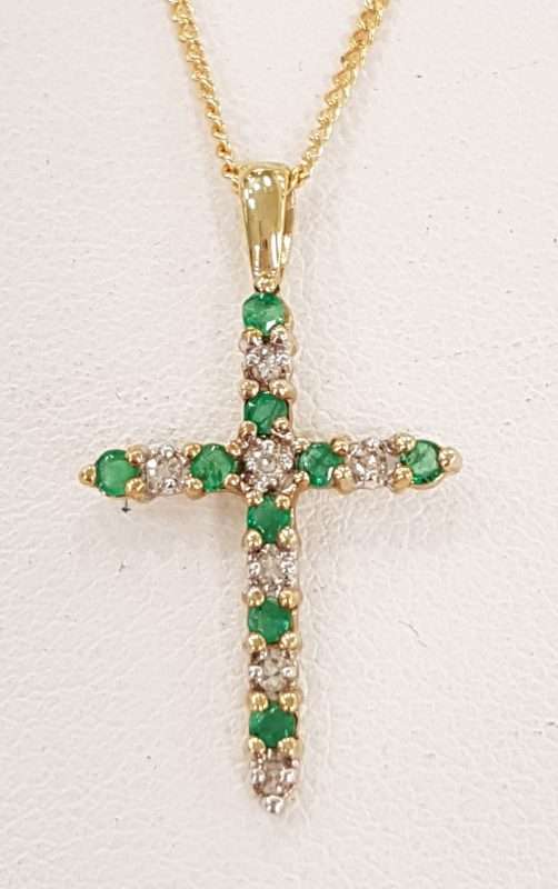 9ct Yellow Gold Natural Emerald and Diamond Crucifix  / Cross Pendant on 9ct Chain