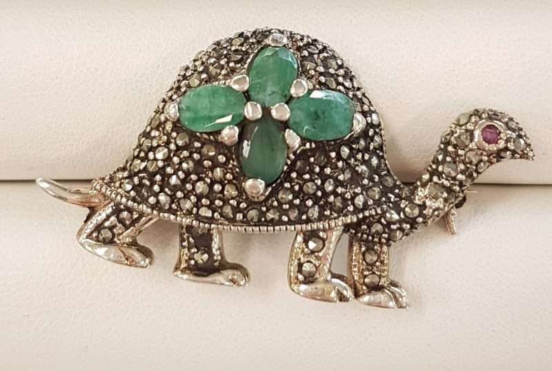 Sterling Silver Emerald and Marcasite Turtle Brooch