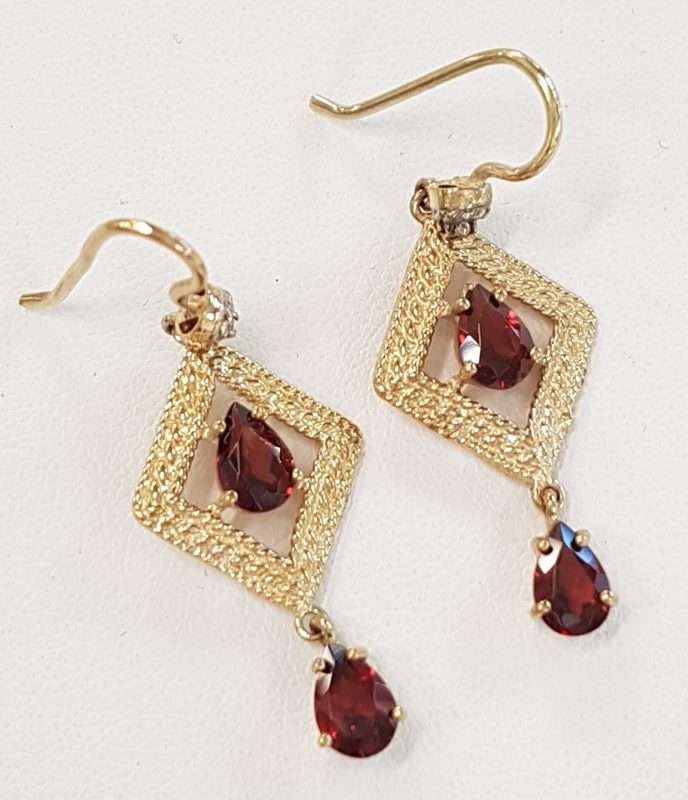 9ct Yellow Gold Garnet Ornate Long Drop Earrings