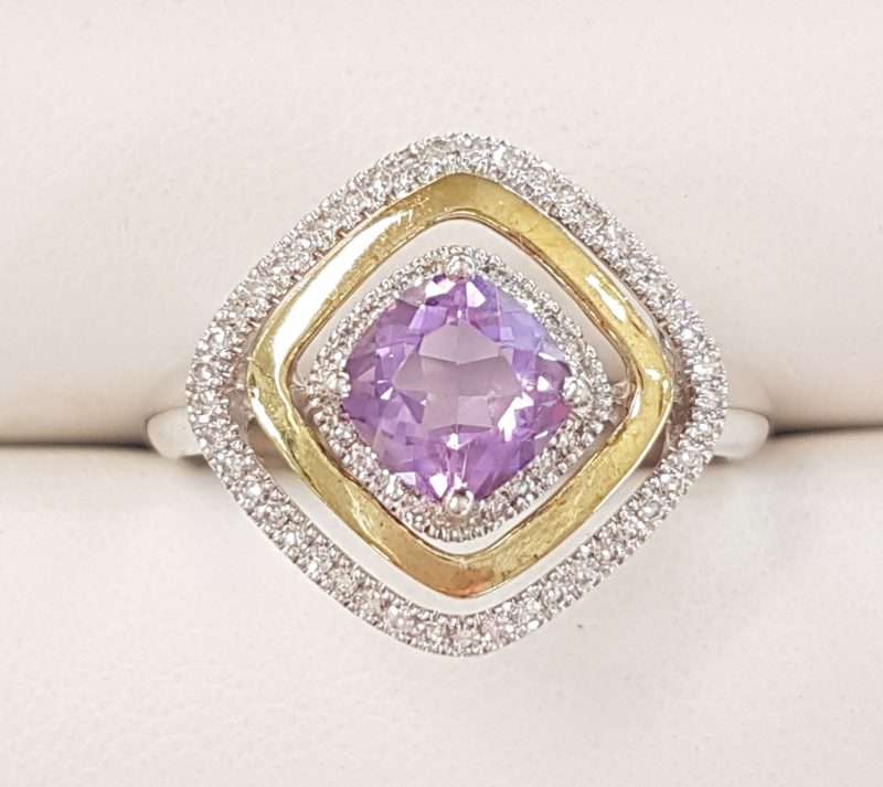 9ct Yellow Gold and White Gold Amethyst and Diamond Cluster Ring - Square