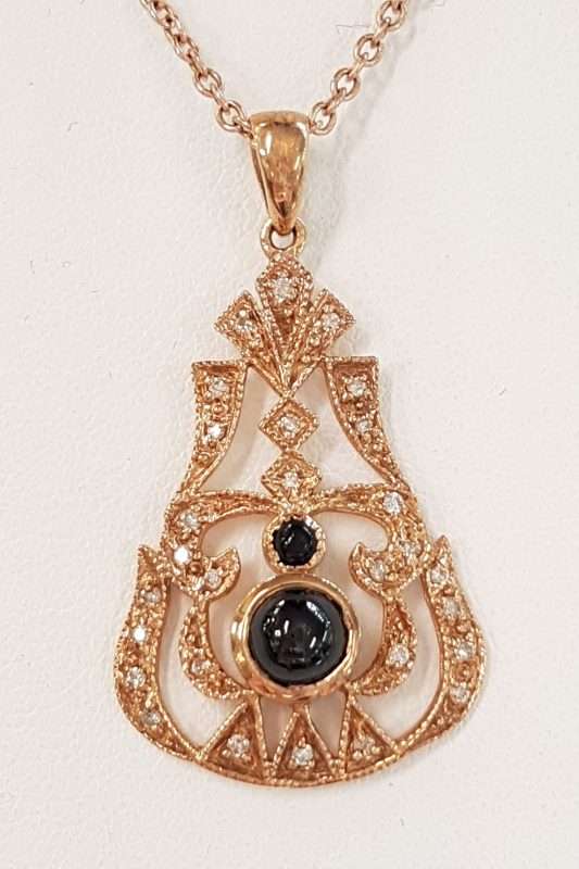 9ct Rose Gold Onyx and Diamond Pendant on 9ct Chain