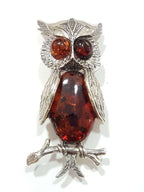 Sterling Silver Natural Amber Large Owl Brooch
