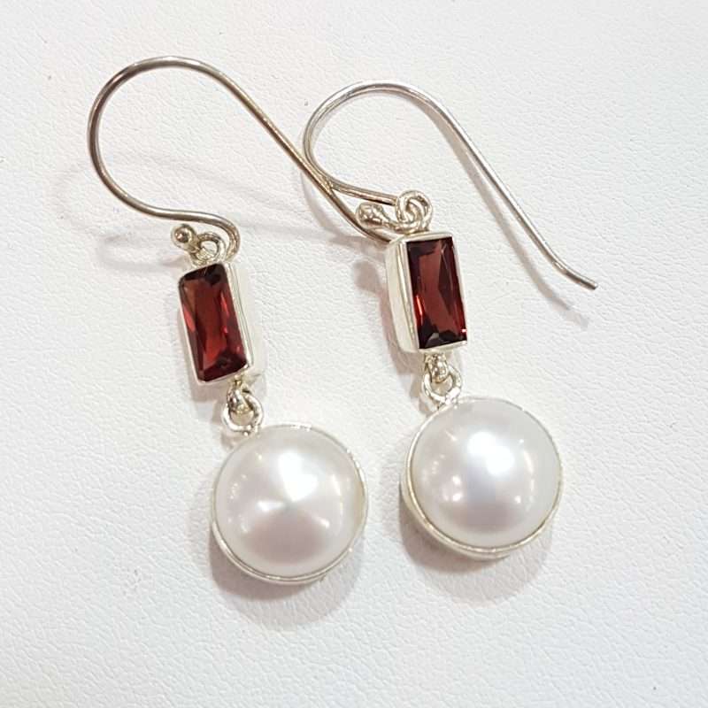 Sterling Silver Pearl and Garnet Drop Earrings