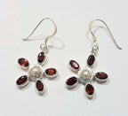 Sterling Silver Pearl and Garnet Flower Drop Earrings