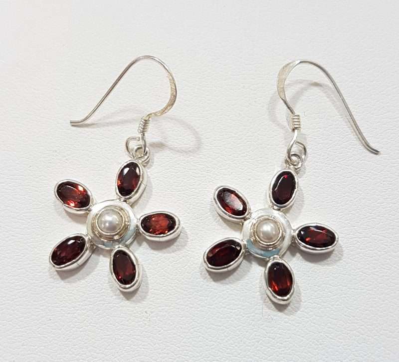 Sterling Silver Pearl and Garnet Flower Drop Earrings
