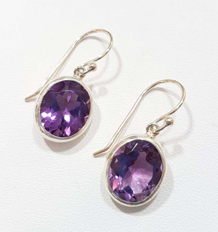 Sterling Silver Oval Bezel Set Amethyst Earrings