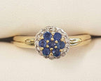 9ct Yellow Gold 7 Sapphires surrounded by Diamonds Round Cluster Ring - Daisy / Cupcake