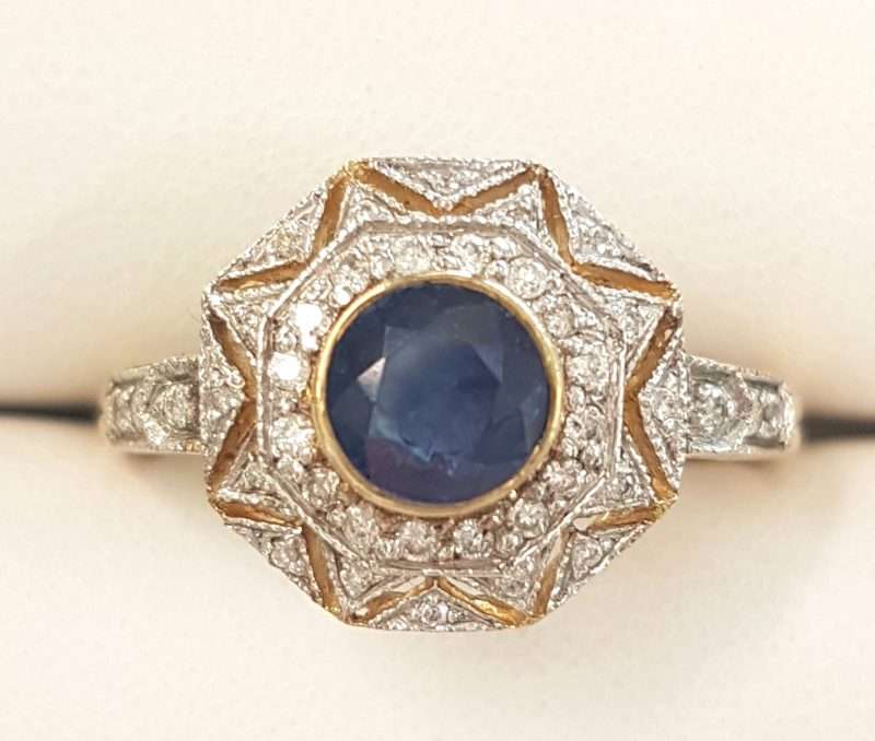 9ct Yellow Gold Natural Sapphire with Diamonds Large Octagonal Cluster Ring