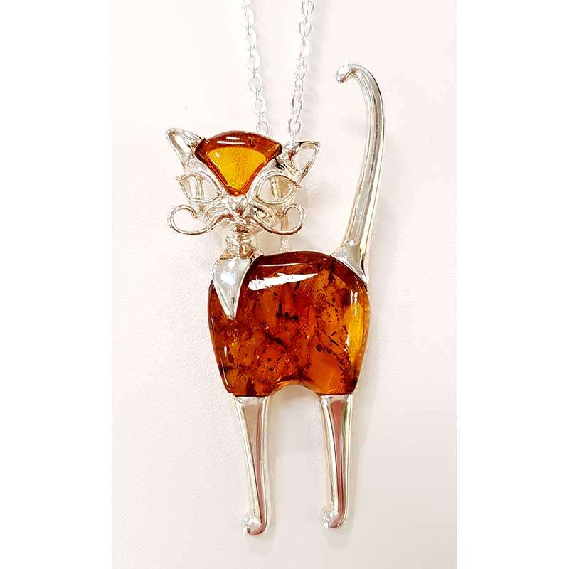 Sterling Silver Large Baltic Amber Cat Pendant on Chain