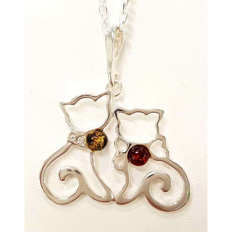 Sterling Silver 2 Amber and CZ Cats Pendant on Chain