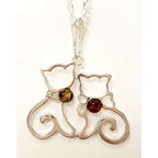 Sterling Silver 2 Amber and CZ Cats Pendant on Chain