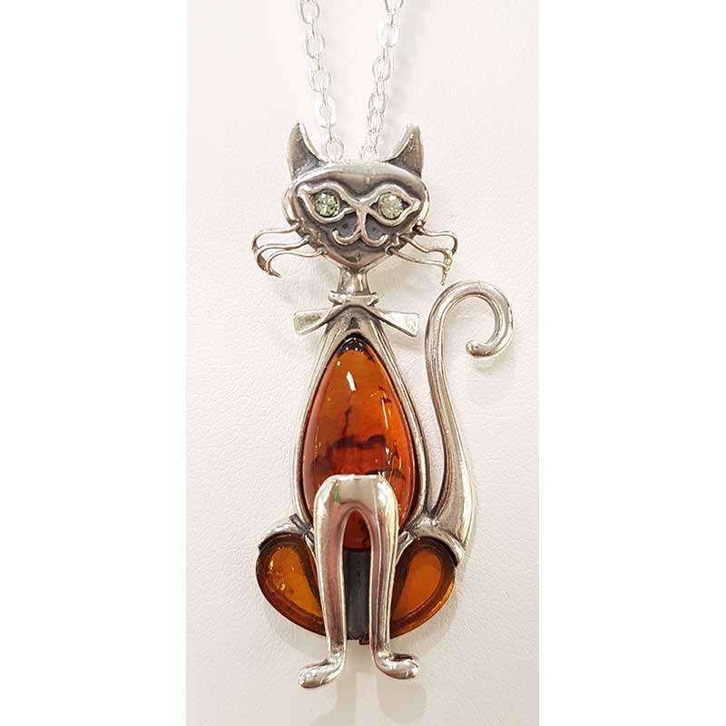 Sterling Silver Long Natural Baltic Amber and CZ Cat Pendant on Chain