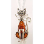 Sterling Silver Long Natural Baltic Amber and CZ Cat Pendant on Chain