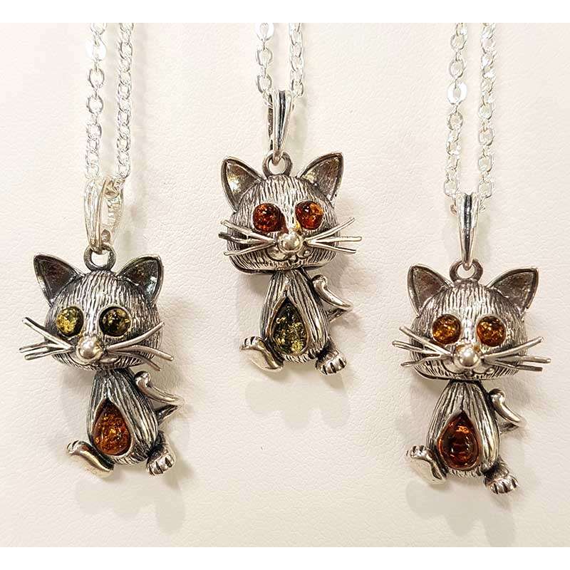 Sterling Silver Natural Baltic Amber Jointed Cat Pendants on Chains - Different Colours Available