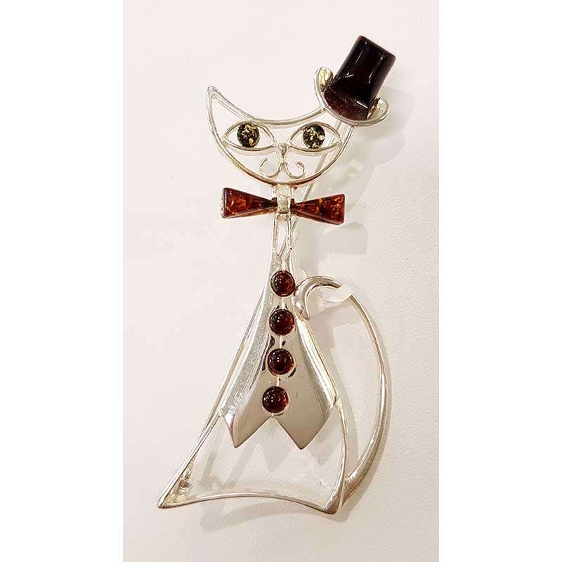 Sterling Silver Amber Cat with Top Hat Brooch