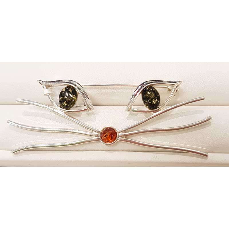 Sterling Silver  Amber Cats Face Brooch