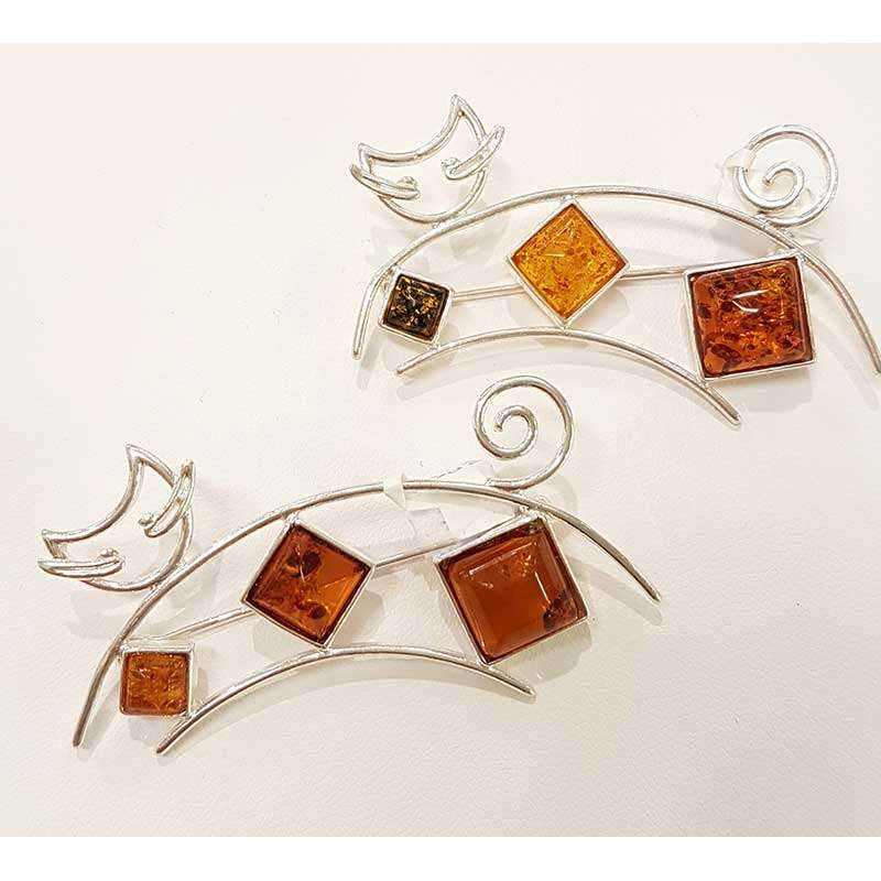 Sterling Silver and Amber Brooch - Stylised Cat Design - Available in Two Different Colour Combinations