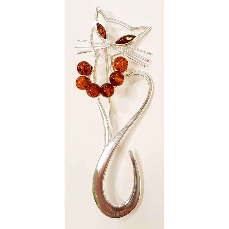 Sterling Silver and Brown Amber Cat Brooch