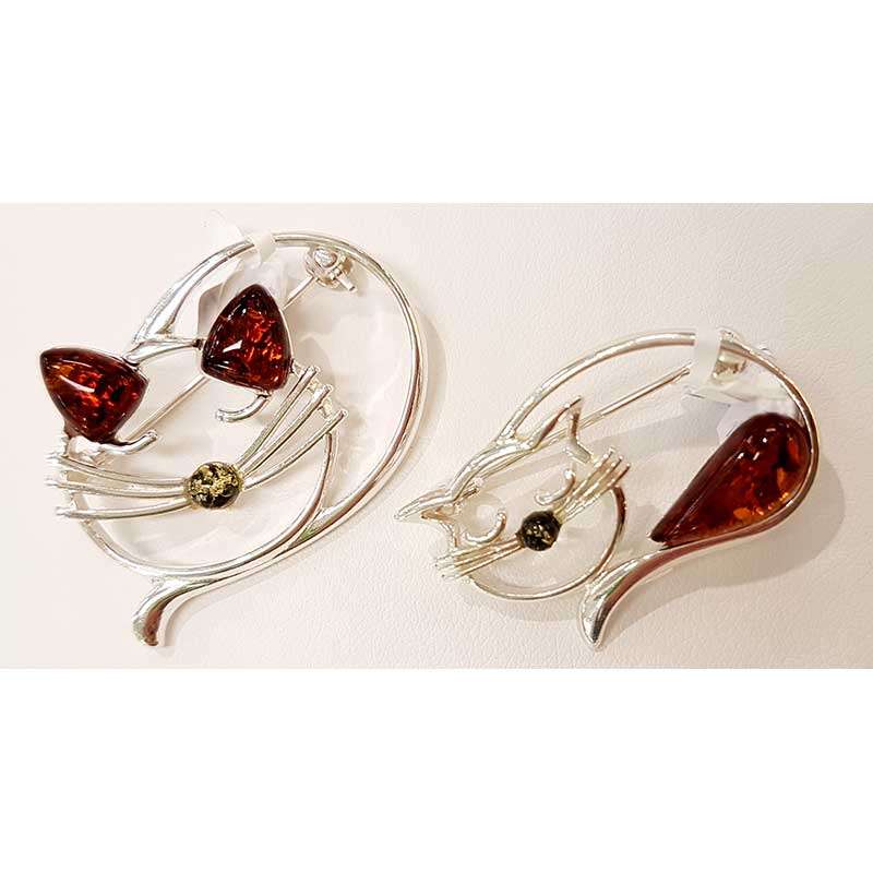 Sterling Silver Amber Sleeping Cat Brooches - Also Available as Pendants