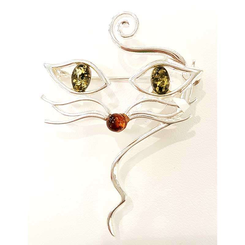 Sterling Silver Amber Brooch - Stylised Cat Face design