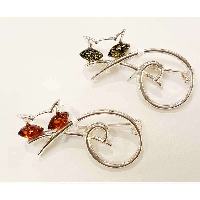 Sterling Silver and Amber Cat Brooch - Brown and Green - Also Available as Pendant