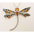 Sterling Silver Large Amber and Enamel Dragonfly Pendant on Chain