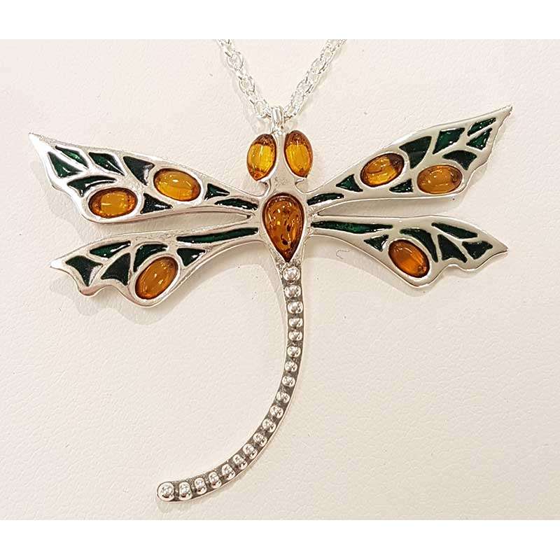 Sterling Silver Large Amber and Enamel Dragonfly Pendant on Chain