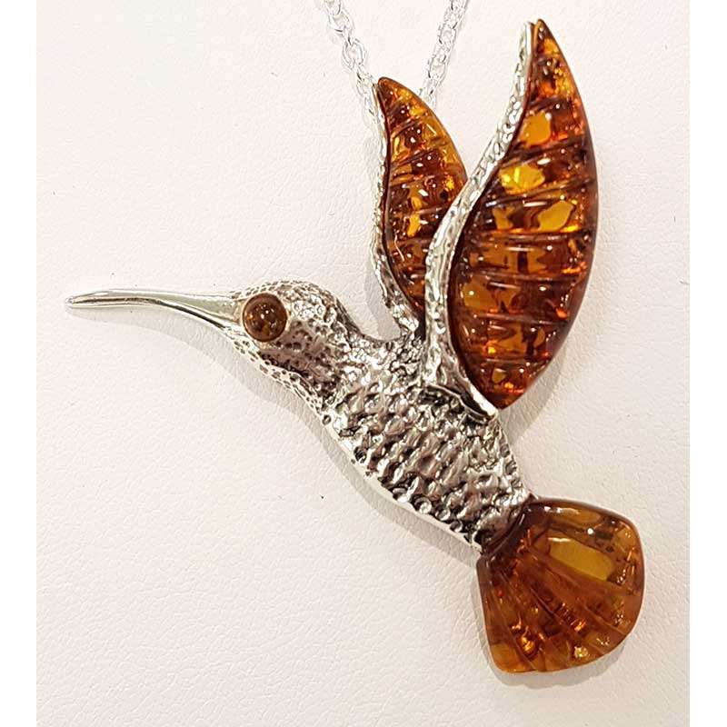 Sterling Silver Amber Hummingbird Pendant on Silver Chain