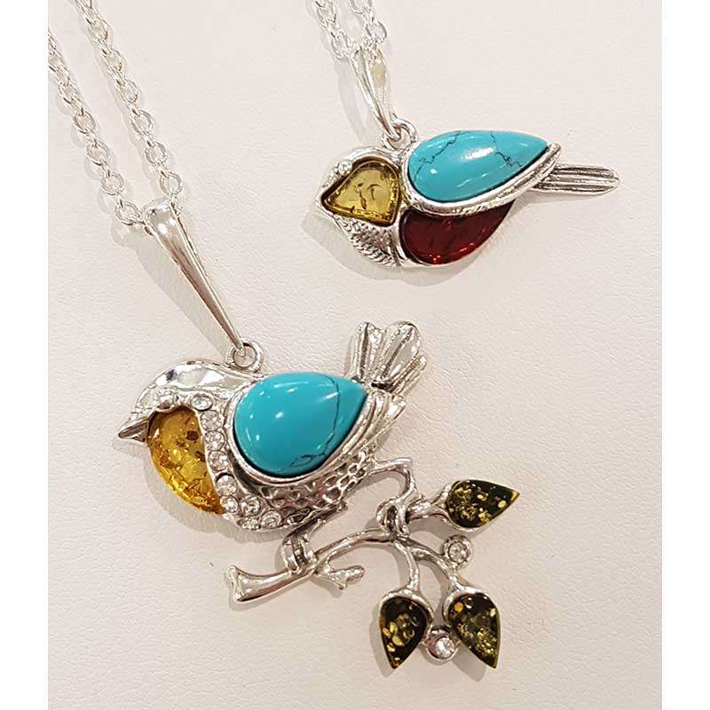 Sterling Silver and Amber Bird Pendants on Chains