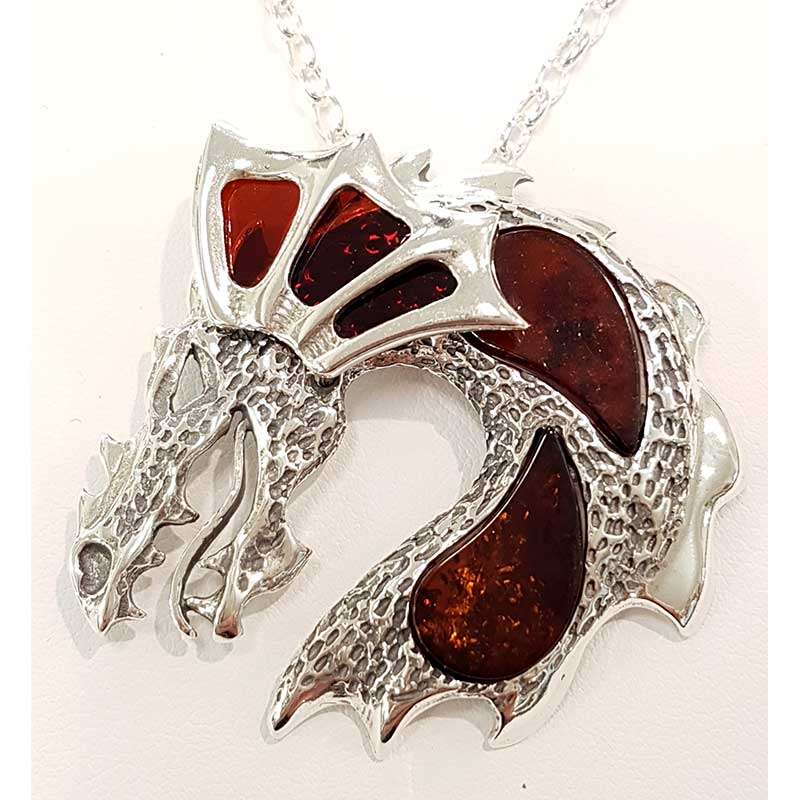 Sterling Silver and Amber Large Dragon Pendant on Chain