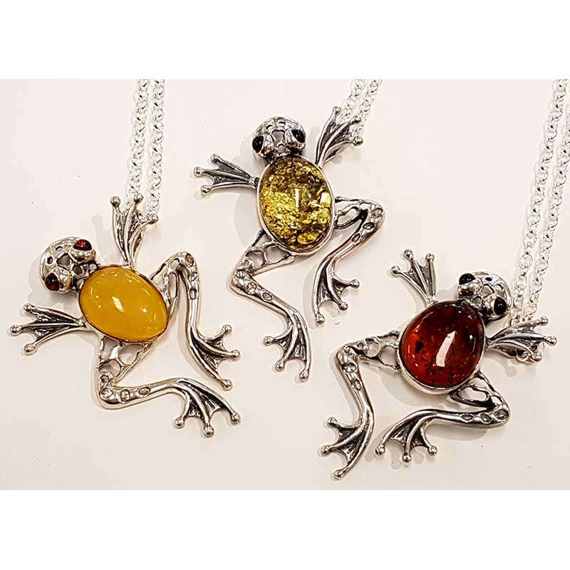 Sterling Silver Large Amber Frog Pendant on Chain - Available in Brown, Green and Butter Amber