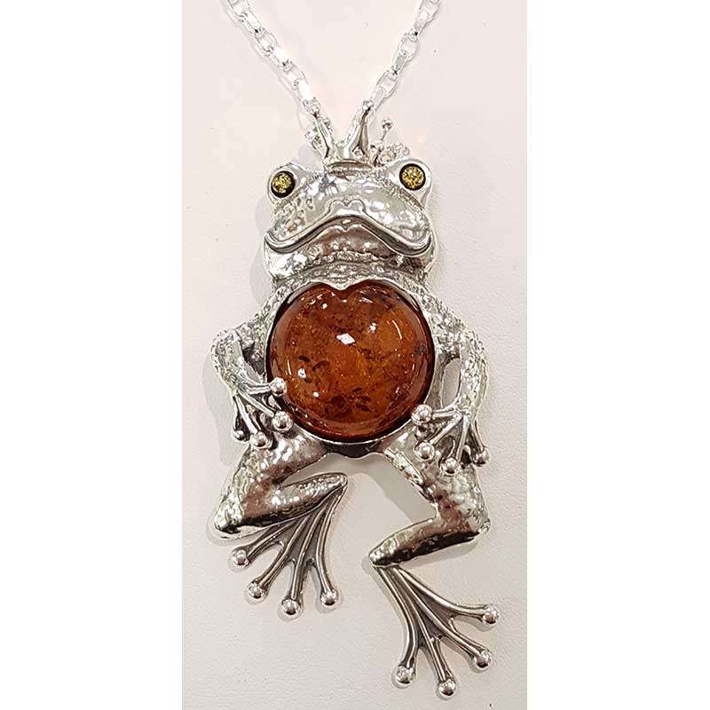Sterling Silver Amber and CZ Frog Prince Pendant on Chain - Comes in 2 sizes