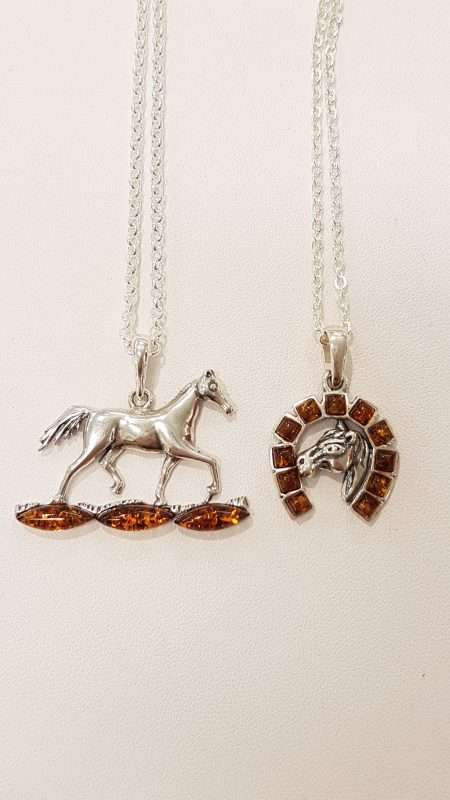 Sterling Silver Amber Horse Pendants on Sterling Silver Chain