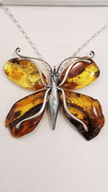Sterling Silver Large & Chunky Amber Butterfly Pendant on Sterling Silver Necklace