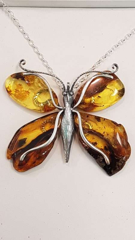 Sterling Silver Large & Chunky Amber Butterfly Pendant on Sterling Silver Necklace