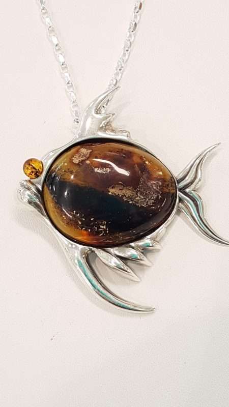 Sterling Silver Amber Large Fish Pendant on Sterling Silver Chain