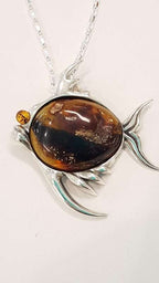 Sterling Silver Amber Large Fish Pendant on Sterling Silver Chain