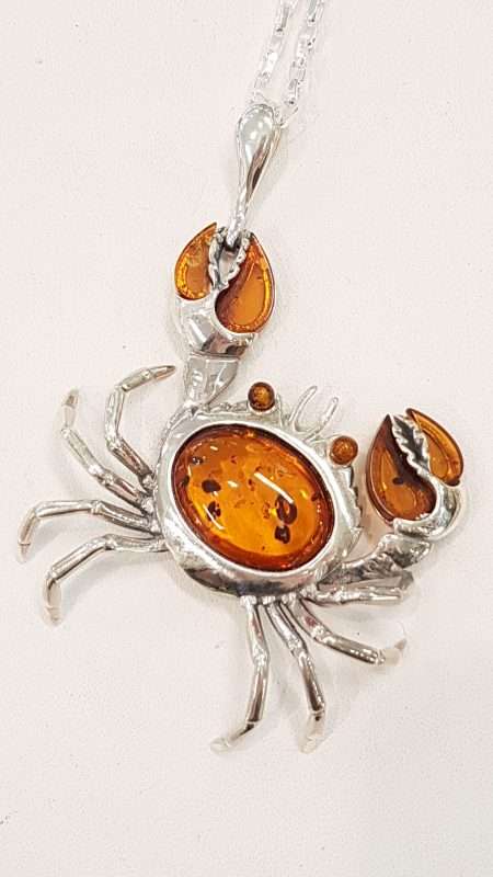Sterling Silver Large Amber Crab Pendant on Sterling Silver Chain
