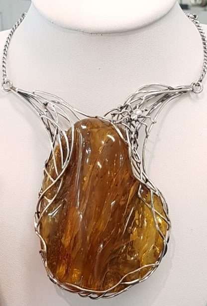 Sterling Silver Natural Baltic Amber Very Large and Unique Spider on Web Chunky Collier Necklace Chain