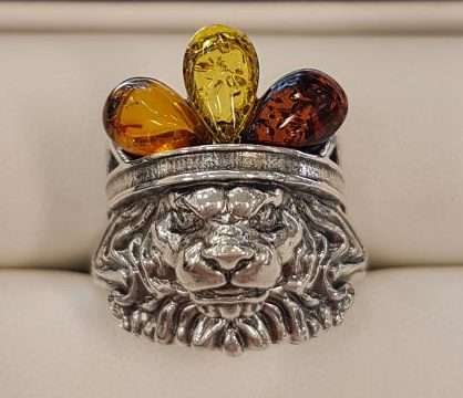 Sterling Silver Natural Baltic Amber Lion Head Ring