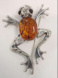 Sterling Silver Large Amber Frog Brooch - Available in Brown, Butter and Green Amber