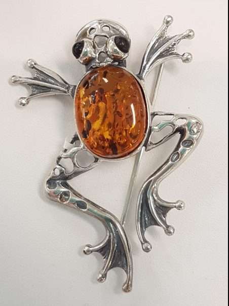 Sterling Silver Large Amber Frog Brooch - Available in Brown, Butter and Green Amber