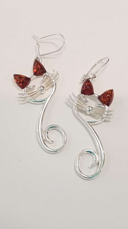 Sterling Silver Amber Cats Drop Earrings