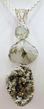 Sterling Silver Large Pyrite, Tourmaline and Quartz Pendant on Chain