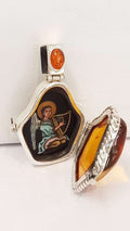 Exquisite Sterling Silver Amber Icon – Handpainted by Polish Artist under a Magnifying Glass - on Beautiful Long Sterling Silver Chain