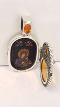 Exquisite Sterling Silver Oval Amber Icon – Handpainted by Polish Artist under a Magnifying Glass - on Beautiful Long Sterling Silver Chain