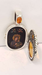 Exquisite Sterling Silver Oval Amber Icon – Handpainted by Polish Artist under a Magnifying Glass - on Beautiful Long Sterling Silver Chain